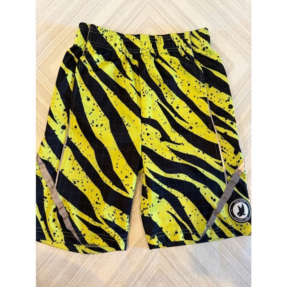 Flow Society Boys Youth Small Neon Yellow Zebra Print Athletic Shorts Pockets